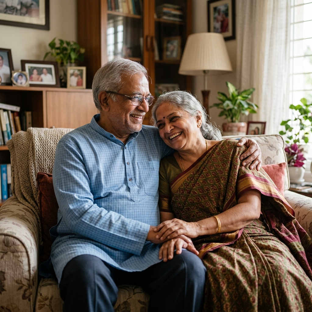 Elderly couple smiling peacefully at home with trusted medical care