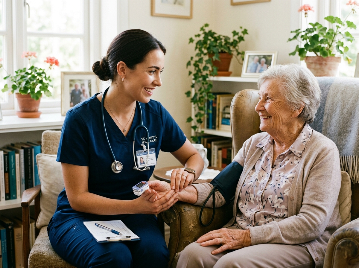 Trained home nurse supporting elderly patient