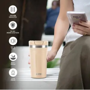 Corral 450 Thermosteel Vacuum Insulated Travel Mug, 400ml, Cream, Prolonged Hours Hot & Cold, Spill Proof & Easy to Sip, Leakproof & Rustproof, On The Go Coffee Cup