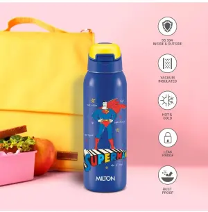 Milton Sportive 600 Thermosteel Vacuum Insulated Water Bottle, 580 ml, Hot & Cold, Spill & Leakproof Water Bottle for Kids, School, Travel Bottle, Mono Blue with Superman Print