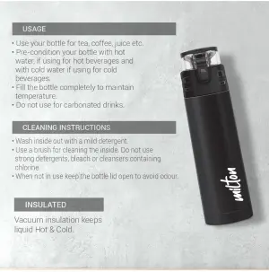 Milton Atlantis 600 Thermosteel Water Bottle 500 ml, 24 Hr Hot and Cold I Leak Proof Lid, ISI Certified I Vacuum Insulated I for Office, Gym, School I Black