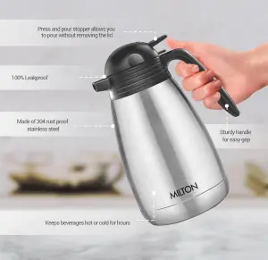 Milton Carafe 1500 Stainless Steel Double Walled Vacuum Insulated Flask with Lid and Handle, 1460 ml, Silver, Coffee/Tea Carafe Heat & Cold Retention, Leak Proof, Rust Free, Easy to Carry