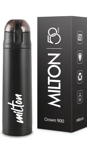 Milton New Crown 900 Thermosteel Water Bottle 750 ml with One Touch Safety Lock, 24 Hours Hot and Cold, Leak Proof Lid, ISI Certified I Vacuum Insulated I for Office, Gym, School I Black