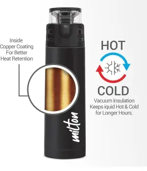 Milton Atlantis 600 Thermosteel Water Bottle 500 ml, 24 Hr Hot and Cold I Leak Proof Lid, ISI Certified I Vacuum Insulated I for Office, Gym, School I Black
