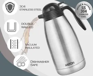 Milton Carafe 2000 Stainless Steel Double Walled Vacuum Insulated Flask with Lid and Handle, 1880 ml, Silver, Coffee/Tea Carafe Heat & Cold Retention, Leak Proof, Rust Free, Easy to Carry