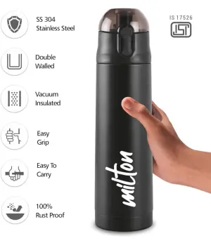 Milton New Crown 400 Thermosteel Water Bottle 350 ml with One Touch Safety Lock, 24 Hours Hot and Cold, Leak Proof Lid, ISI Certified I Vacuum Insulated I for Office, Gym, School I Black