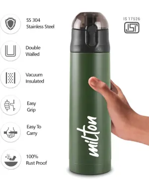 Milton New Crown 600 Thermosteel Water Bottle 500 ml with One Touch Safety Lock, 24 Hours Hot and Cold, Leak Proof Lid, ISI Certified I Vacuum Insulated I for Office, Gym, School I Green