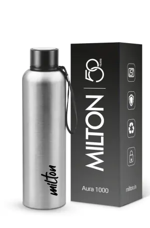 Aura 1000 Thermosteel Water Bottle, ISI Certified, 24 Hr Hot and Cold 1000ml Steel Flask (Pack of 1, Silver)