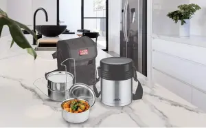 MILTON Tuscany 3 Thermosteel Tiffin With Plain Lid, Black