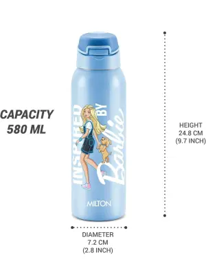 Milton Sportive 600 Thermosteel Vacuum Insulated Water Bottle, 580 ml, Hot & Cold, Spill & Leakproof Water Bottle for Kids, School, Travel Bottle, Sky Blue with Barbie Print