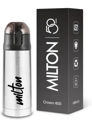 Milton New Crown 400 Thermosteel Water Bottle 350 ml with One Touch Safety Lock, 24 Hours Hot and Cold, Leak Proof Lid, ISI Certified I Vacuum Insulated I for Office, Gym, School I Silver