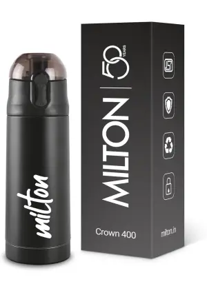 Milton New Crown 400 Thermosteel Water Bottle 350 ml with One Touch Safety Lock, 24 Hours Hot and Cold, Leak Proof Lid, ISI Certified I Vacuum Insulated I for Office, Gym, School I Black