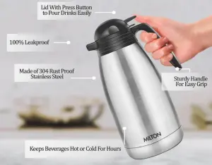 Milton Carafe 2000 Stainless Steel Double Walled Vacuum Insulated Flask with Lid and Handle, 1880 ml, Silver, Coffee/Tea Carafe Heat & Cold Retention, Leak Proof, Rust Free, Easy to Carry
