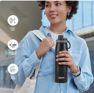 Sparkle 900 Thermosteel Water Bottle with Easy Sip Cap and Handle, 920 ml, Vacuum Insulated Stainless Steel, Hot and Cold, On The Go Bottle for Office College, Black
