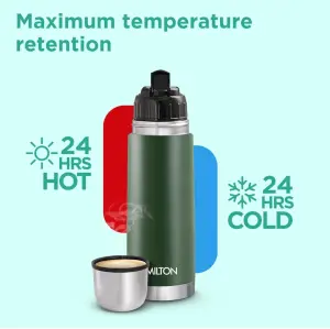 Milton Eco-Flip 350 Thermosteel Double Walled Vacuum Insulated Thermos Flask, 350 ml, 24 Hr Hot and Cold I Leak Proof Lid, ISI Certified I Vacuum Insulated I for Office, Gym, School I Green