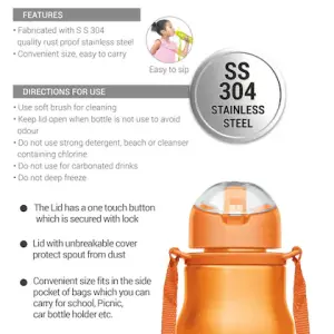 GAIETY  Stainless Steel Sipper Orange Colour Water Bottle 650 ml