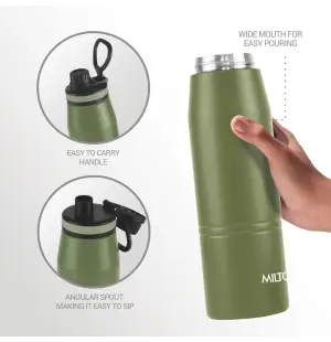 Sparkle 600 Thermosteel Water Bottle with Easy Sip Cap and Handle, 620 ml, Vacuum Insulated Stainless Steel, Hot and Cold, On The Go Bottle for Office College, Military Green