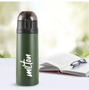 Milton New Crown 600 Thermosteel Water Bottle 500 ml with One Touch Safety Lock, 24 Hours Hot and Cold, Leak Proof Lid, ISI Certified I Vacuum Insulated I for Office, Gym, School I Green