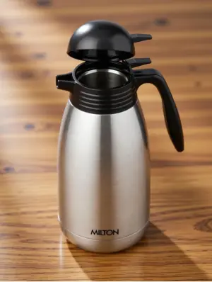 Milton Carafe 2000 Stainless Steel Double Walled Vacuum Insulated Flask with Lid and Handle, 1880 ml, Silver, Coffee/Tea Carafe Heat & Cold Retention, Leak Proof, Rust Free, Easy to Carry