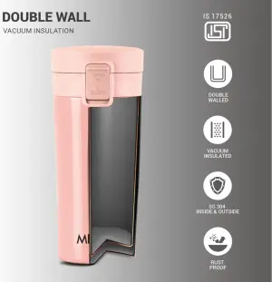 Thermosteel Vacuum Insulated Travel Coffee Mug, 350ml, Peach, Prolonged Hours Hot & Cold, ISI Certified, Spill Proof & Easy to Sip, Leakproof & Rustproof, On The Go Coffee Cup