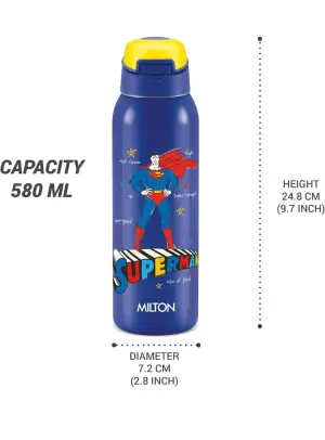 Milton Sportive 600 Thermosteel Vacuum Insulated Water Bottle, 580 ml, Hot & Cold, Spill & Leakproof Water Bottle for Kids, School, Travel Bottle, Mono Blue with Superman Print