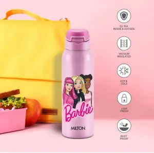 Milton Sportive 600 Thermosteel Vacuum Insulated Water Bottle, 580 ml, Hot & Cold, Spill & Leakproof Water Bottle for Kids, School, Travel Bottle, Pink with Barbie Print