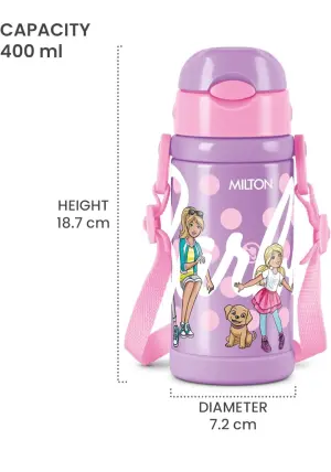 Milton Charmy 450 Barbie Thermosteel Kids Water Bottle, 400 ml, Purple | Vacuum Insulated | Hot & Cold | Leak Proof | Rust Proof | School | Picnic