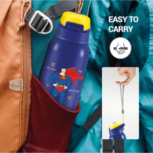 Milton Sportive 400 Thermosteel Vacuum Insulated Water Bottle, 400 ml, Hot & Cold, Spill & Leakproof Water Bottle for Kids, School, Travel Bottle, Mono Blue with Superman Print