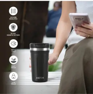 Corral 450 Thermosteel Vacuum Insulated Travel Mug 400ml,  Black, Prolonged Hours Hot & Cold, Spill Proof & Easy to Sip, Leakproof & Rustproof, On The Go Coffee Cup