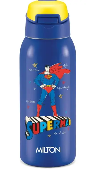 Milton Sportive 400 Thermosteel Vacuum Insulated Water Bottle, 400 ml, Hot & Cold, Spill & Leakproof Water Bottle for Kids, School, Travel Bottle, Mono Blue with Superman Print