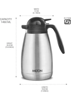 Milton Carafe 1500 Stainless Steel Double Walled Vacuum Insulated Flask with Lid and Handle, 1460 ml, Silver, Coffee/Tea Carafe Heat & Cold Retention, Leak Proof, Rust Free, Easy to Carry
