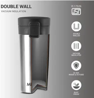 Thermosteel Vacuum Insulated Travel Coffee Mug, 300ml, Silver, Prolonged Hours Hot & Cold, ISI Certified, Spill Proof & Easy to Sip, Leakproof & Rustproof, On The Go Coffee Cup