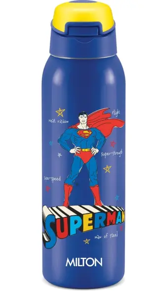 Milton Sportive 600 Thermosteel Vacuum Insulated Water Bottle, 580 ml, Hot & Cold, Spill & Leakproof Water Bottle for Kids, School, Travel Bottle, Mono Blue with Superman Print