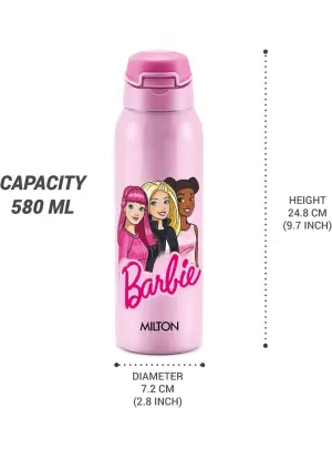 Milton Sportive 600 Thermosteel Vacuum Insulated Water Bottle, 580 ml, Hot & Cold, Spill & Leakproof Water Bottle for Kids, School, Travel Bottle, Pink with Barbie Print