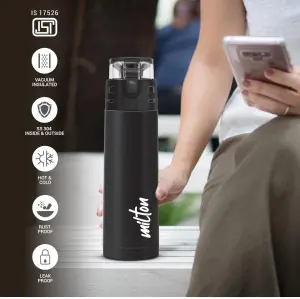 Milton Atlantis 900 Thermosteel Water Bottle 750 ml, 24 Hr Hot and Cold I Leak Proof Lid, ISI Certified I Double Wall Vacuum Insulated Flask for Office, Gym, School, Sports, Travel I Black