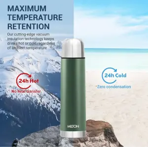 Milton Eco-Flip 750 Thermosteel Double Walled Vacuum Insulated Thermos Flask, 750 ml, 24 Hr Hot and Cold I Leak Proof Lid, ISI Certified I Vacuum Insulated I for Office, Gym, School I Green