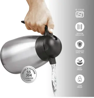 Milton Carafe 1500 Stainless Steel Double Walled Vacuum Insulated Flask with Lid and Handle, 1460 ml, Silver, Coffee/Tea Carafe Heat & Cold Retention, Leak Proof, Rust Free, Easy to Carry