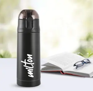 Milton New Crown 400 Thermosteel Water Bottle 350 ml with One Touch Safety Lock, 24 Hours Hot and Cold, Leak Proof Lid, ISI Certified I Vacuum Insulated I for Office, Gym, School I Black
