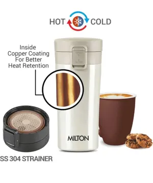 Thermosteel Vacuum Insulated Travel Coffee Mug, 300ml, Cream, Prolonged Hours Hot & Cold, ISI Certified, Spill Proof & Easy to Sip, Leakproof & Rustproof, On The Go Coffee Cup