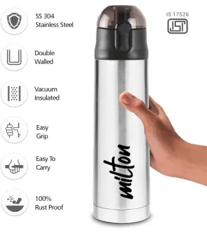 Milton New Crown 400 Thermosteel Water Bottle 350 ml with One Touch Safety Lock, 24 Hours Hot and Cold, Leak Proof Lid, ISI Certified I Vacuum Insulated I for Office, Gym, School I Silver