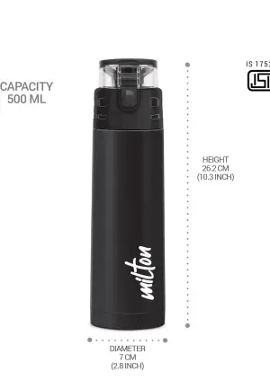 Milton Atlantis 600 Thermosteel Water Bottle 500 ml, 24 Hr Hot and Cold I Leak Proof Lid, ISI Certified I Vacuum Insulated I for Office, Gym, School I Black