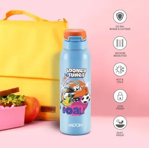 Sportive 400 Thermosteel Vacuum Insulated Water Bottle, 400 ml, Hot & Cold, Spill & Leakproof Water Bottle for Kids, School, Travel Bottle, Sky Blue with Looney Tunes print