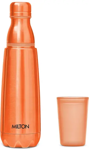 MILTON Vertex 1000 Thermosteel Water Bottle with Unbreakable Plastic Tumbler, 1000 ml, Peach 