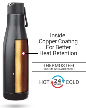 Fame 1000 Thermosteel Water Bottle, ISI Certified, 24 Hr Hot and Cold 880 ml Steel Flask (Pack of 1, Black)