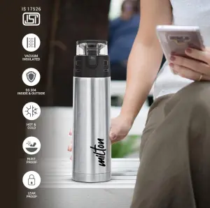 Milton Atlantis 900 thermosteel Water Bottle 750 ml, 24 Hr Hot and Cold I Leak Proof Lid, ISI Certified I Vacuum Insulated I for Office, Gym, School I Silver