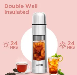 Milton Flip Lid 750 Thermosteel 750 ml Water Bottle, 24 Hr Hot and Cold I Leak Proof Lid with Jacket, ISI Certified I Vacuum Insulated I for Office, Gym, School I Silver