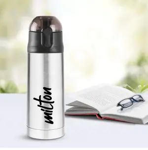 Milton New Crown 400 Thermosteel Water Bottle 350 ml with One Touch Safety Lock, 24 Hours Hot and Cold, Leak Proof Lid, ISI Certified I Vacuum Insulated I for Office, Gym, School I Silver
