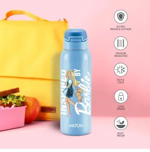 Milton Sportive 400 Thermosteel Vacuum Insulated Water Bottle, 400 ml, Hot & Cold, Spill & Leakproof Water Bottle for Kids, School, Travel Bottle, Sky Blue with Barbie Print