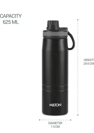 Milton Sparkle 600 Thermosteel Water Bottle with Easy Sip Cap and Handle, 620 ml, Vacuum Insulated Stainless Steel, Hot and Cold, On The Go Bottle for Office College, Black