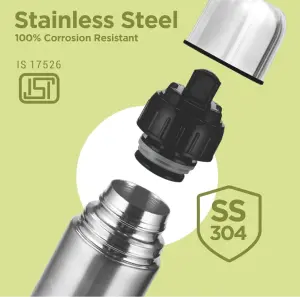 MILTON Eco-Flip 1000 Thermosteel Double Walled Vacuum Insulated Thermos Flask, 1000 ml, 24 Hr Hot and Cold I Leak Proof Lid, ISI Certified I Vacuum Insulated I for Office, Gym, School I Silver